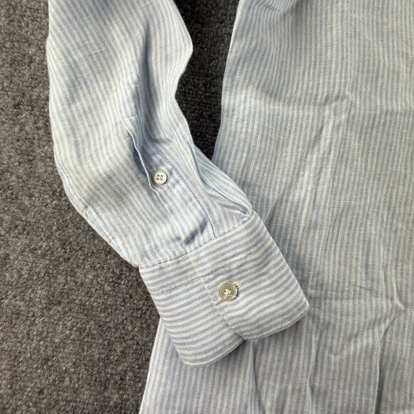 Eleventy Button Up Shirt Striped Blue White Long Sleeve Linen Woven Medium Adult - Picture 8 of 15